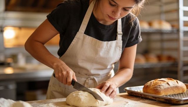 Artisan baker scoring sourdough loaf on floured wooden board in rustic bakery kitchen