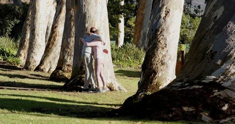 Family Embracing Among Stately Trees in Sunlit Park