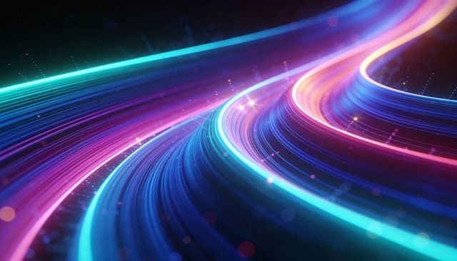 Curving neon light trails flowing through futuristic corridor with glowing particles