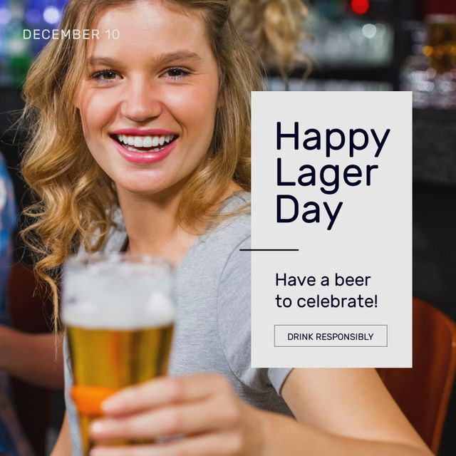 Composition of happy lager day text over caucasian woman drinking beer. Lager day and celebration concept digitally generated image.