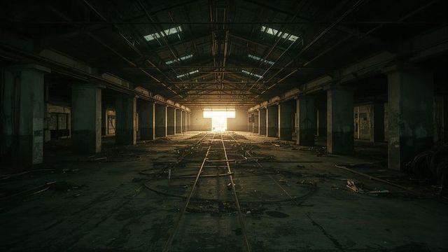 Sunlight Piercing Through Abandoned Industrial Hallway