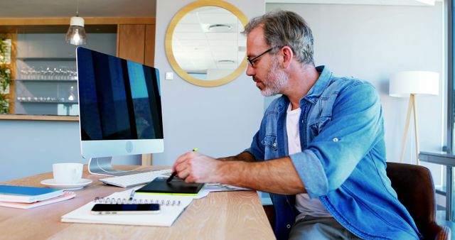 Middle-aged man working from home while seated at a desk with a computer, tablet, and cup of coffee in modern office space. Ideal for illustrating home office setups, remote work, technology use, modern lifestyle, productivity at home, freelance working environments, and digital art creation.