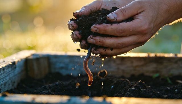 Hands holding moist compost with wiggling worm over raised garden bed in golden light