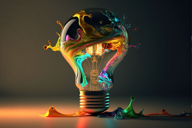 Image of lightbulb with colourful stains on dark background, created using generative ai technology. Lightbulb, creative and pattern concept, digitally generated image.