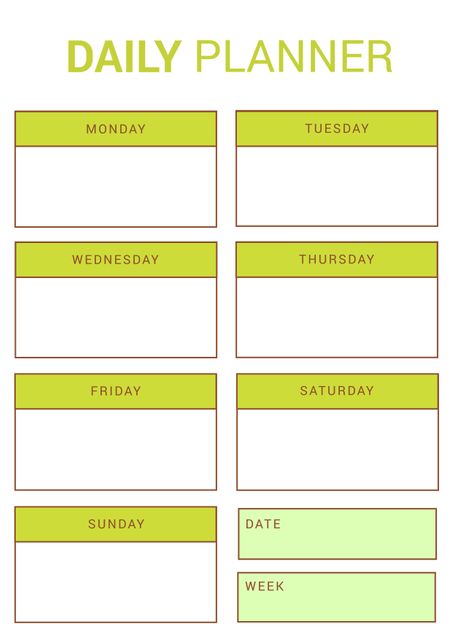 Vibrantly designed daily planner template featuring sections for each day of the week and additional spaces for note-taking, dates, and weekly planning. Simplifies scheduling, helps with productivity boost, and ideal for personal and professional use, enhancing organization and efficient time management.