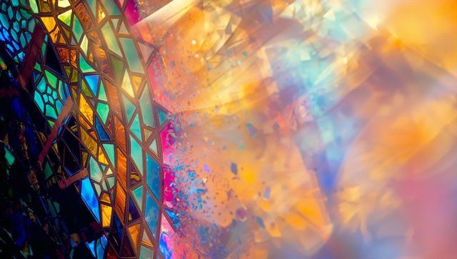 Colorful geometric mosaic morphing into luminous burst