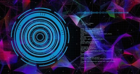 Blue hud interface with neon mesh grid and code overlay