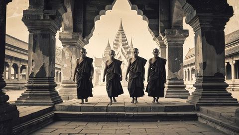 Monks walking in temple corridors symbolizing serenity