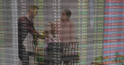 Family discussing finance with data overlay in comfort of home dining