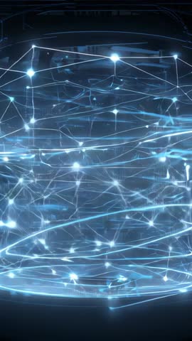 Vertical Tech Cylinder Rotating with Glowing Blue Nodes for Futuristic Data Visualization