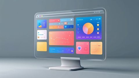 Futuristic transparent monitor displaying colorful data website dashboard