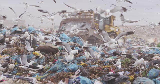 Many seagulls flying over rubbish dump and building vehicle cleaning - Download Free Stock Photos Pikwizard.com