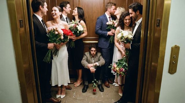 Lonely guest sitting on elevator floor holding single rose among wedding couples and bouquets