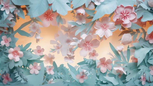 Framing paper florals in pastel teal and blush for ornamental spring border and backdrop