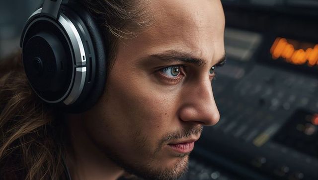 Focused music producer monitoring audio with headphones at mixing console