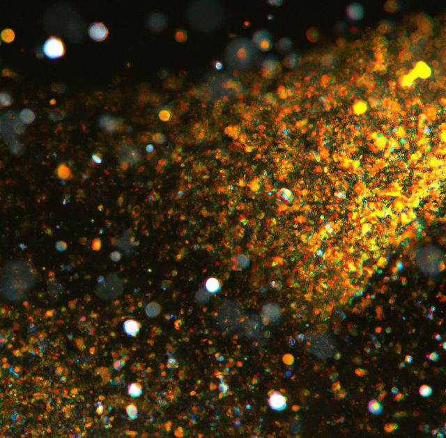 Colorful glittering particles scattered in dark space, resembling a magical or festive atmosphere. Perfect for backgrounds in holiday cards, party invitations, and digital designs needing a touch of sparkle and shine.