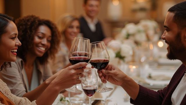 Friends toasting red wine at candlelit dinner party celebrating togetherness, warm ambience