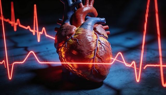 Glossy anatomical heart model with red ecg waveform pulsing over dark blue background
