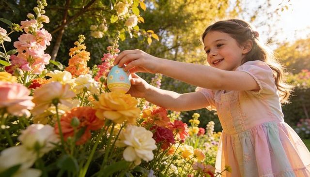 Smiling girl placing painted easter egg in sunlit spring garden of colorful blooms