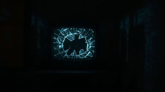 Broken CRT Television Emitting Blue Shards in Dark Atmosphere