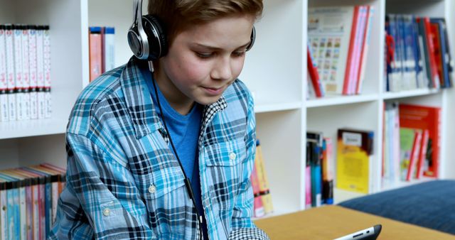 A young boy is wearing headphones and using a tablet while sitting in a library. The background is filled with bookshelves and various books. Ideal for educational materials, digital learning resources, or technology in education concepts.