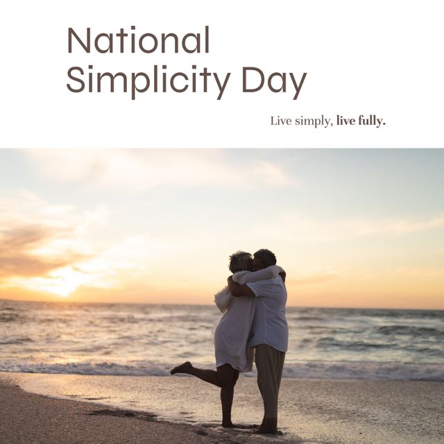 National simplicity day, live simply text with happy diverse senior couple embracing on sunset beach. Living simply and fully, promotional lifestyle campaign digitally generated image.