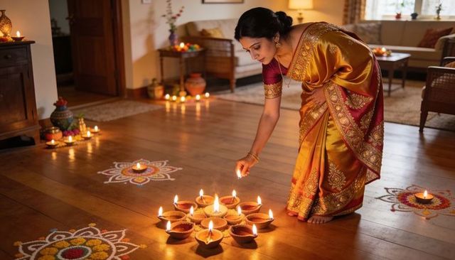 Indian woman in gold silk saree lighting traditional diyas and rangoli for diwali festival