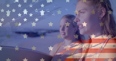 Young Surfers Enjoying Beach Day with Patriotic Overlay