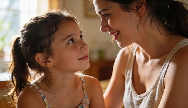 Smiling mother and daughter sharing tender gaze, warm bond and cozy home moment