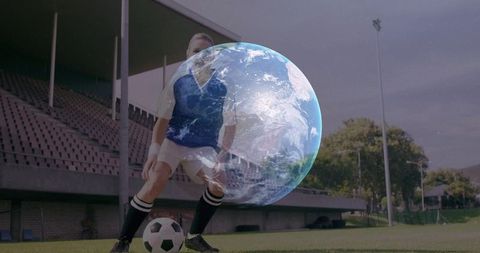 Soccer player with earth overlay symbolizing global game and environmental awareness