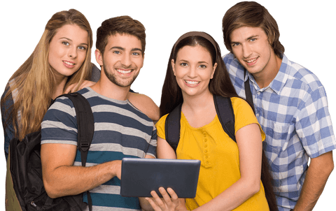 Transparent smiling students using digital tablet together