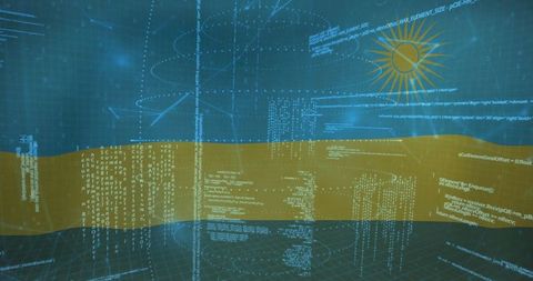 Futuristic digital interface with floating code and sun icon