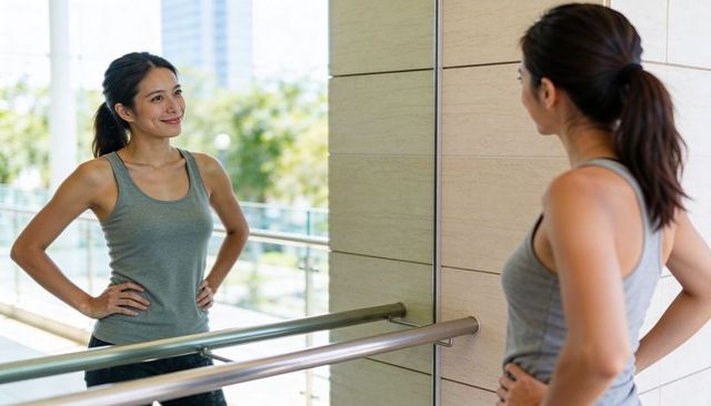 Asian woman checking posture in mirror at barre studio, smiling after workout in daylight