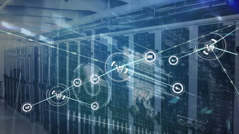 Digital Data Connections Overlay on Server Room Environment