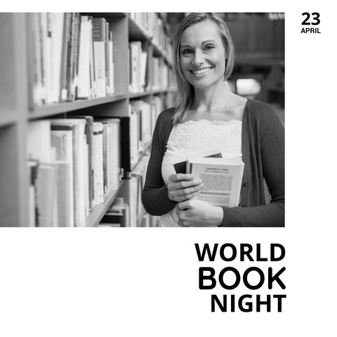 Happy Woman Celebrating World Book Night in Library - Download Free Stock Templates Pikwizard.com