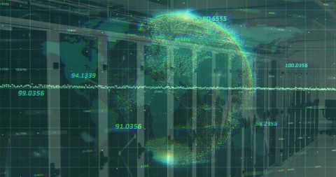 Holographic data globe displayed over data center servers