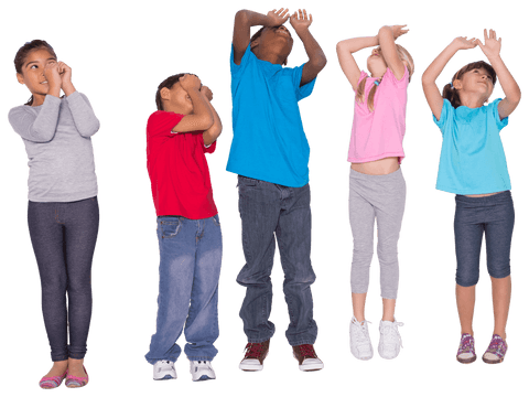 Diverse Children Looking Up with Excitement on Transparent Background