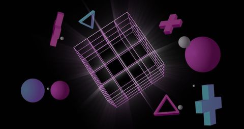 Geometric 3D Shapes with Digital Grid on Black Background