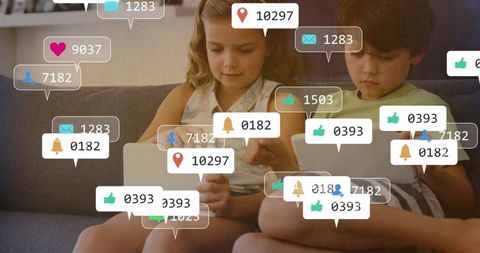 Siblings using tablets at home surrounded by social media notifications