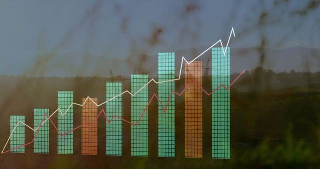 Illustrated Bar Chart with Overlaid Trend Lines Amidst Rural Field