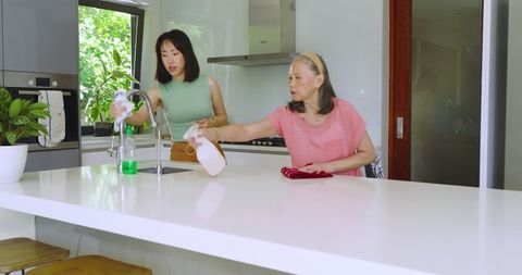Mother and Daughter Cleaning Together in Modern Kitchen