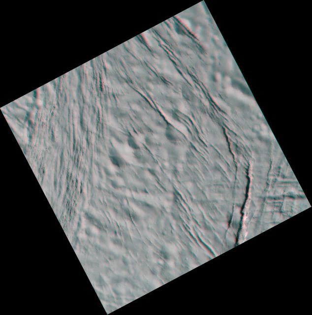 High-resolution stereo anaglyph revealing Enceladus's cratered and tectonically stressed surface, captured by NASA's Cassini spacecraft. Anaglyph format necessitates 3D glasses for full effect, perfect for educational purposes, scientific study, and space exploration presentations showcasing Enceladus's geological features.