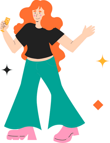 Celebrating red-haired woman with champagne on transparent background