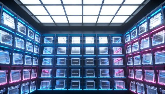 Futuristic neon server grid glowing with blue and pink document storage cubes in data room