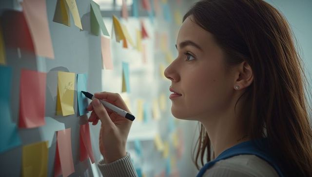 Woman Writing on Glass Wall in Office with Sticky Notes