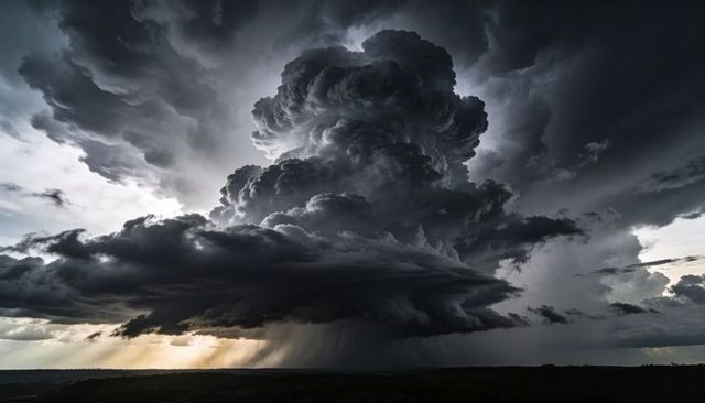 Towering supercell cumulonimbus building over open plain, dramatic rain shaft and anvil