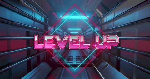 Neon level up text with futuristic digital background