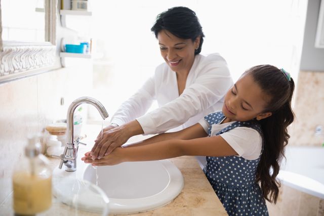 Grandmother and granddaughter washing hands at bathroom sink