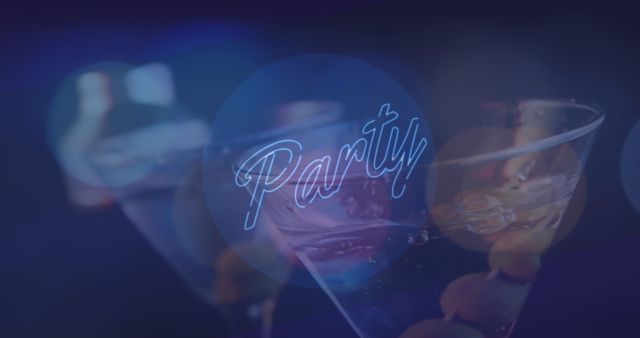 Image features elegant cocktails in martini glasses with olives, combined with neon-style 'Party' text for a modern, vibrant feel. Ideal for use in nightclubs promotions, party invitations, event advertising, or social media posts related to celebrations and nightlife events.