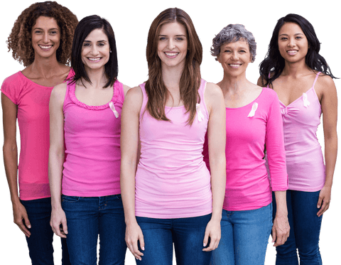 Confident women in pink, promoting breast cancer awareness, group portrait on transparent background